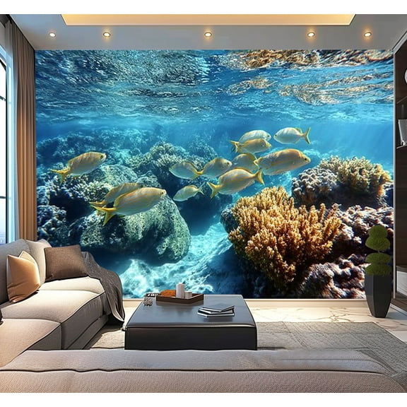 Peel and Stick Wallpaper Tropical Fish Coral Reef Marine Life Ocean Yellow Fish Realistic Modern Art Wall Mural Decor Self Adhesive and Removable 100in x 144in