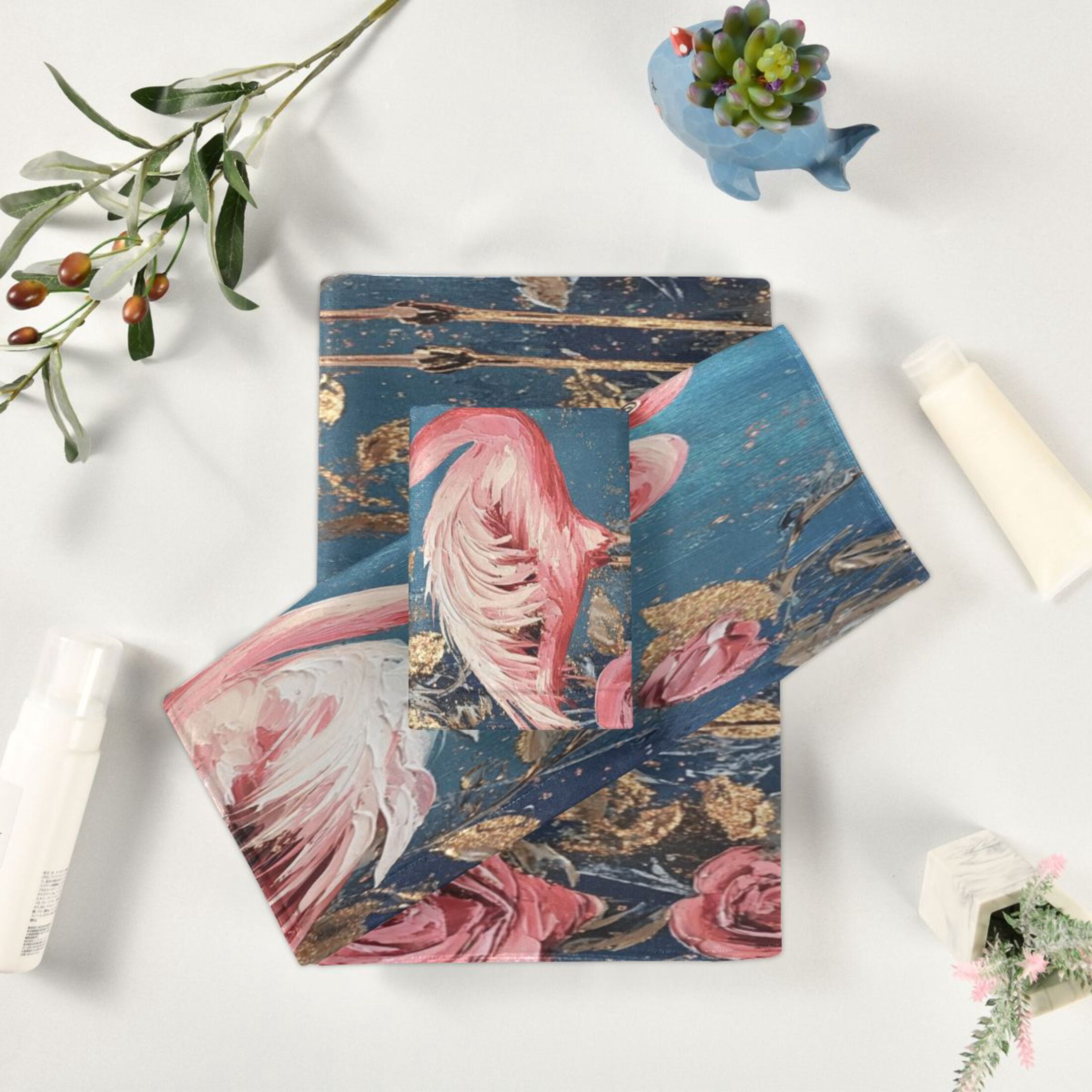 WOBOGO Raggedy Pink Flamingos Ultra Soft 3 Pack Cotton Towel Set Includes 60 x 30in Bath Towel 28 x 16in Face Towel and 13 x 13in Small Square Towel for Everyday Use Lightweight and Compact