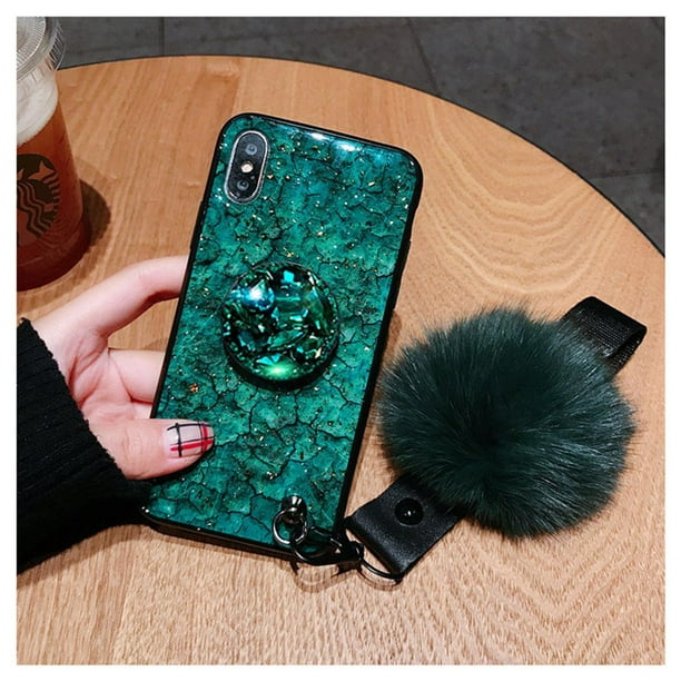 Iphone 12 Pro Max Case Glitter Crystal Marble With Furry Ball Pop Socket Grip Hand
