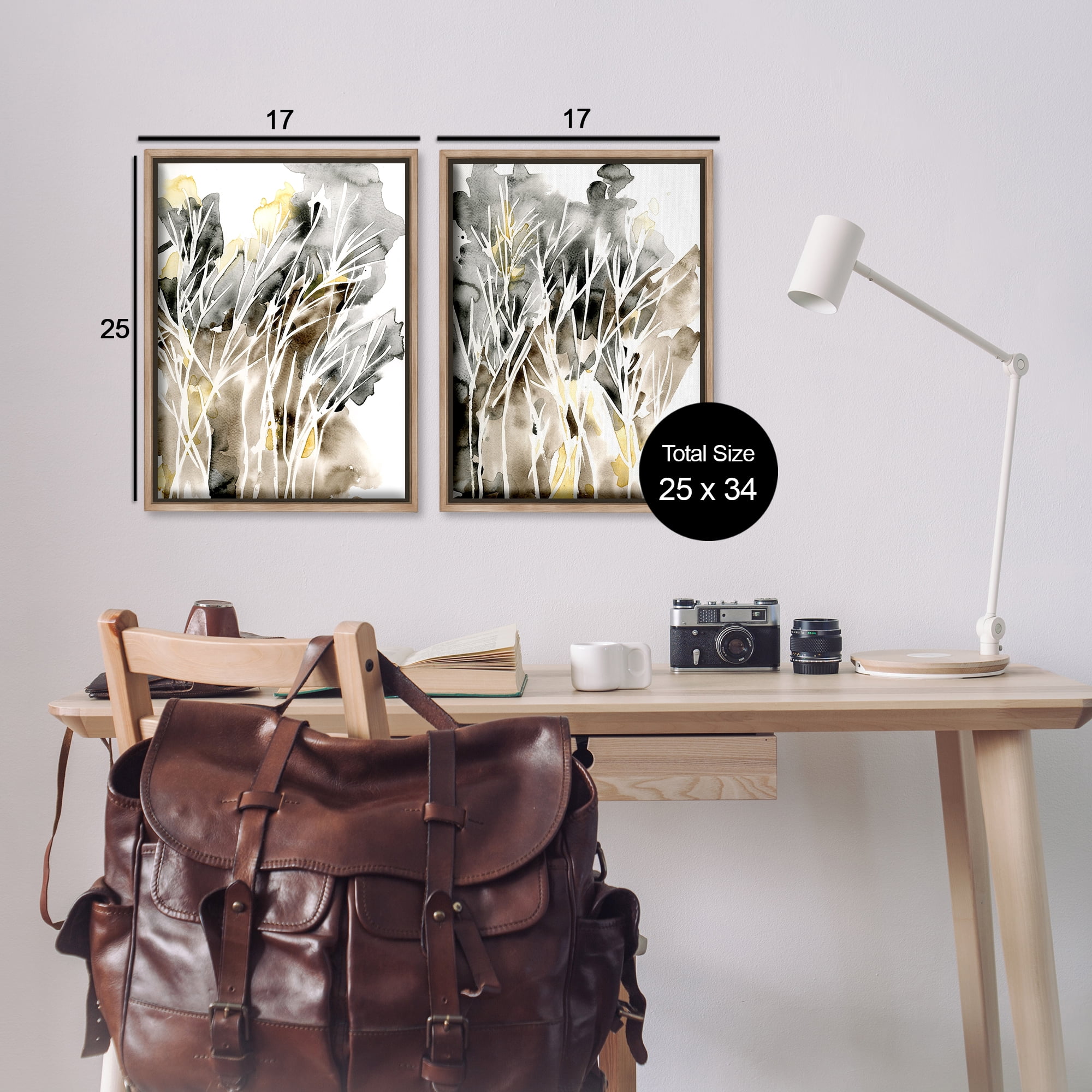 Stupell Industries Watercolor Splash with Tendrils Abstract Painting Brown Floater Framed Canvas Art Print Wall Art, 17 x 25, Set of 2