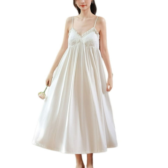 Defitshape Women's Cute Nightgown Summer Pjs Soft Cami Vintage V Neck Cotton Lightweight Fall Sleeveless Night Gown Sleepwear White X-Small