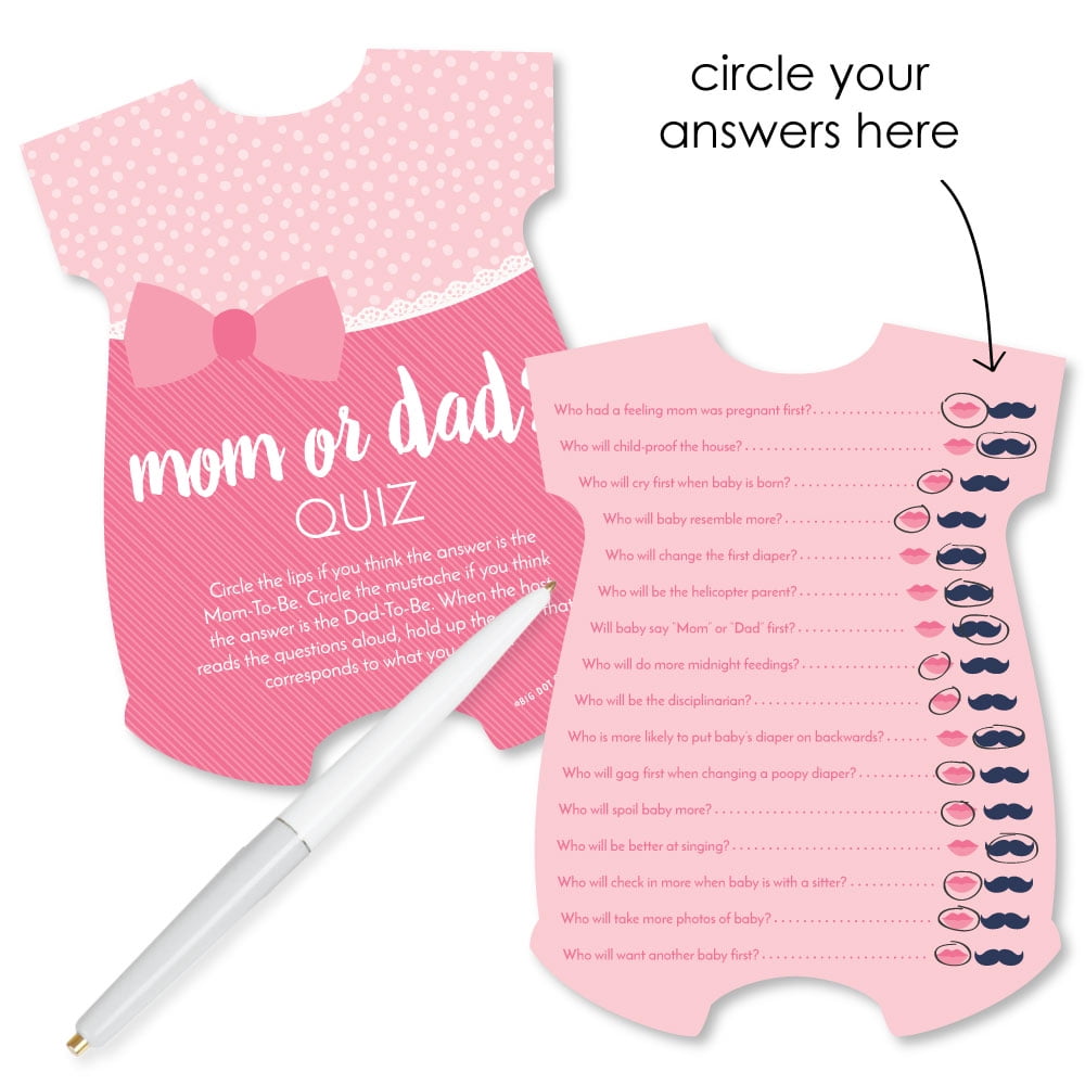 Baby Girl Mom Or Dad Quiz Cards With Mustache And Lip Cutouts