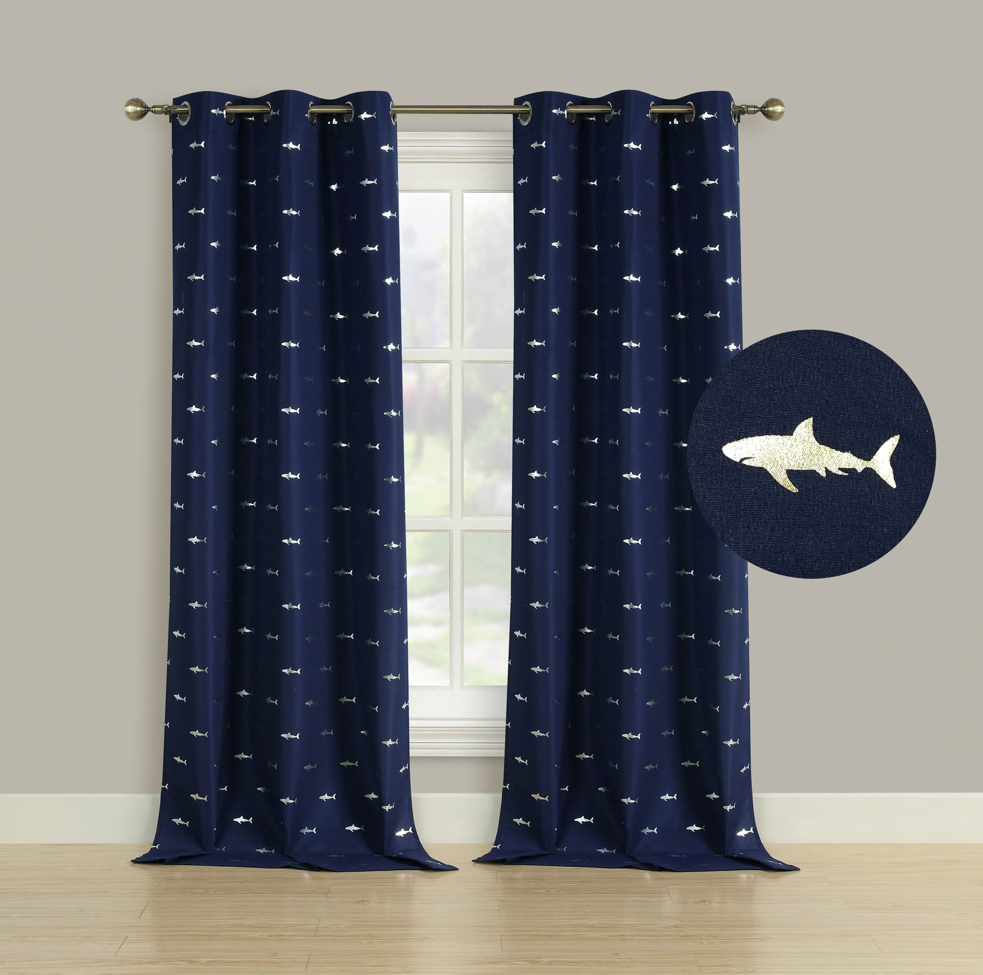 2 Room Darkening Window Curtains Blue Silver Metallic Foil Sharks Departments