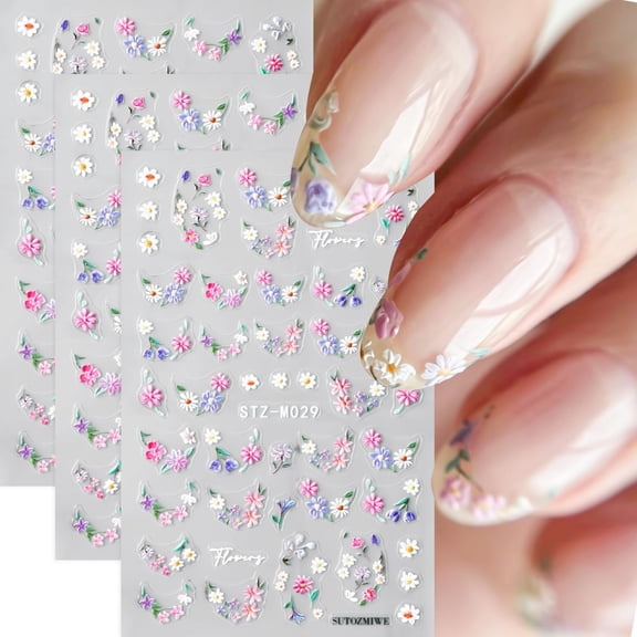 BESTSKY Flower Nail Stickers for Nail Art - 3 Sheets Self Adhesive Daisy Floral Nail Decals, Spring/Summer Colorful Flower Design Embossed Nail Supplies for Women Manicure Decoration
