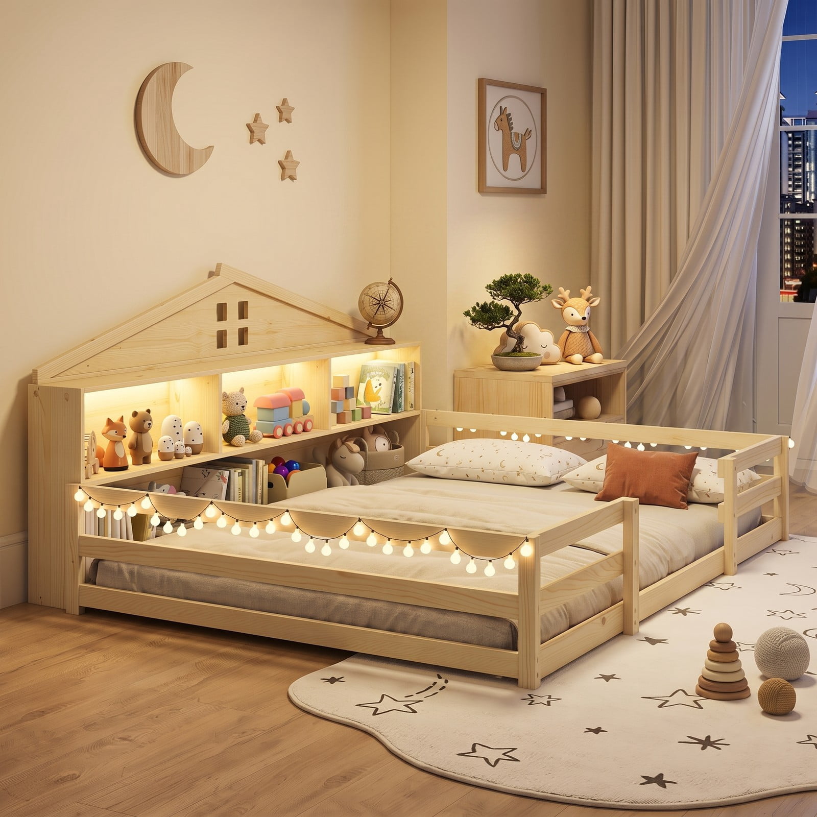 Furnibear Full Size Bed Frame, Montessori Floor Bed with House-Shaped Storage Headboard, Guardrails and Built-in LED Lights for Kids Room, Natural