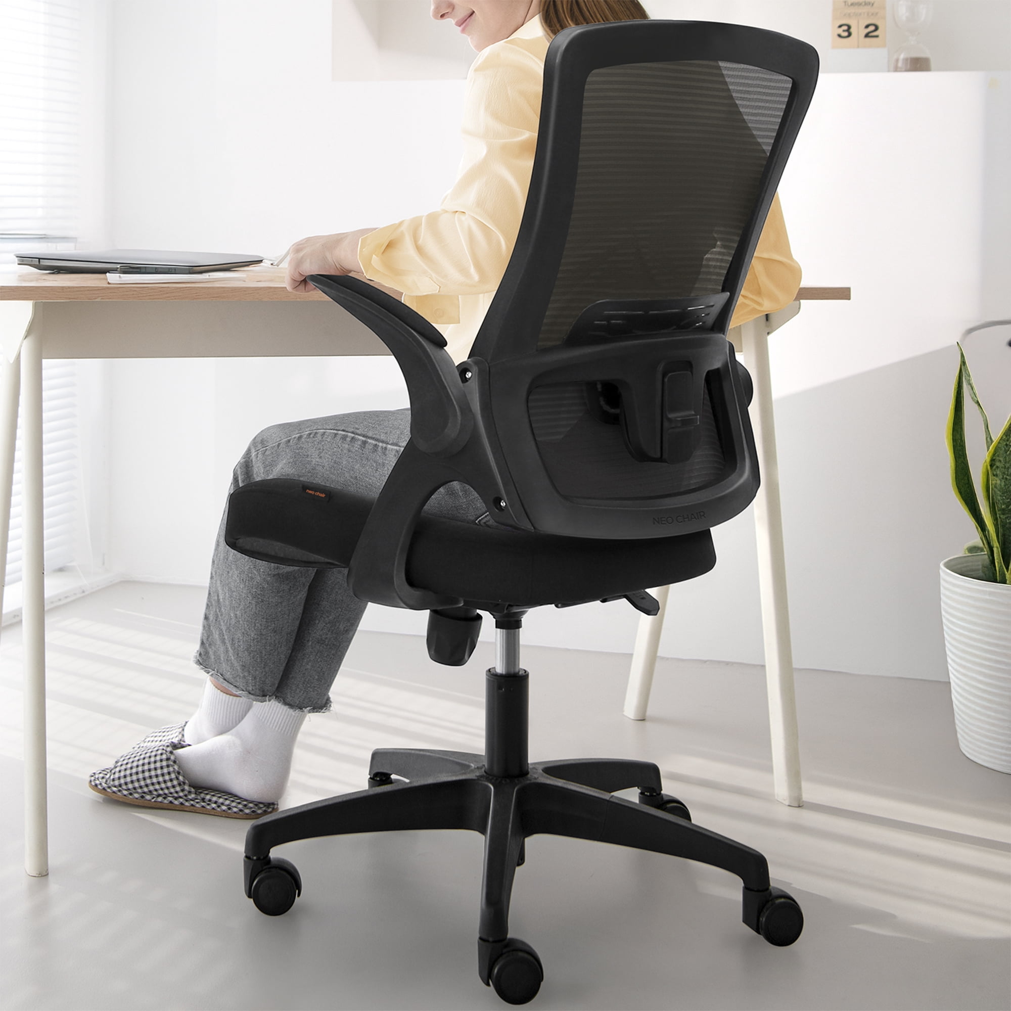 CELTOSS Ergonomic Office Chair, Wide Seat with Flip-Up Armrests, Lumbar Support, Adjustable Height, Comfy Home Task Computer Chair, Black