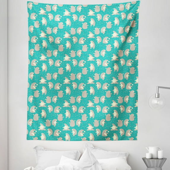 Bear Tapestry, Dancing Funny Animals with Bees Eating Honey in Scandinavian Modern Style, Fabric Wall Hanging Decor for Bedroom Living Room Dorm, 5 Sizes, Turquoise Tan and Beige, by Ambesonne