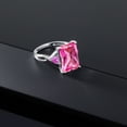 thumbnail image 4 of Gem Stone King 10K White Gold Pink Created Sapphire 3 Stone Engagement Ring for Women (10.60 Cttw, Emerald Cut 14X10MM, Trillion 4MM, Size 5), 4 of 5