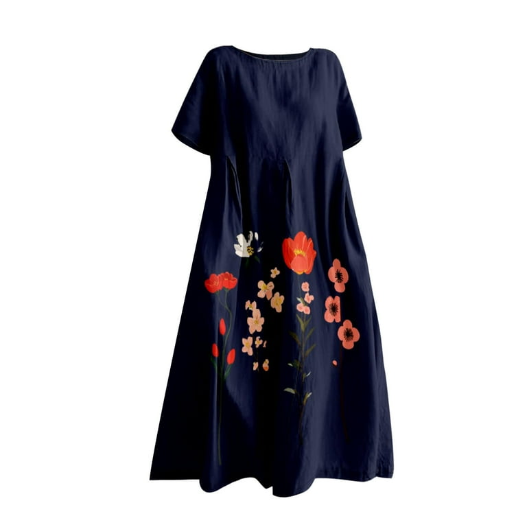 Ruyang Vintage Japanese Art Dress for Women 2024 Boho Floral Print  Oversized Crewneck Linen Casua Summer Dresses Women's - Walmart.com