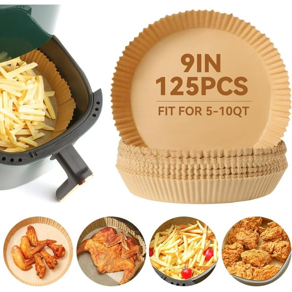 Air Fryer Paper Liners, 125Pcs 9 Inch Parchment Paper for Baking, Air Fryer Disposable Paper Liner for Microwave, Non-Stick, Oil-proof and Water-proof for Easy Cleanup(Round)