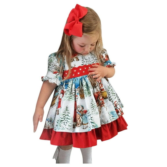 Likimi Child Toddler Girls Princess Dress Christmas Print Short Sleeve Fit And Flare Dress Casual Loose Fashion Fall Spring Ball Gown Size Red 18-24 Months