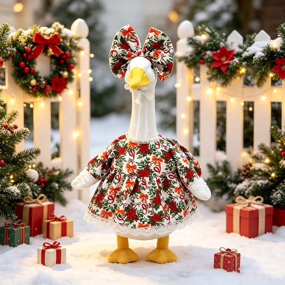 Emdiqzs Xmas Home Decor Holiday Ornament Christmas Goose Figurine Outfit Floral Print Dress With Bow Accessory, Cloth Costume For Goose Statue Holiday Tabletop Decor (Goose Not Included)
