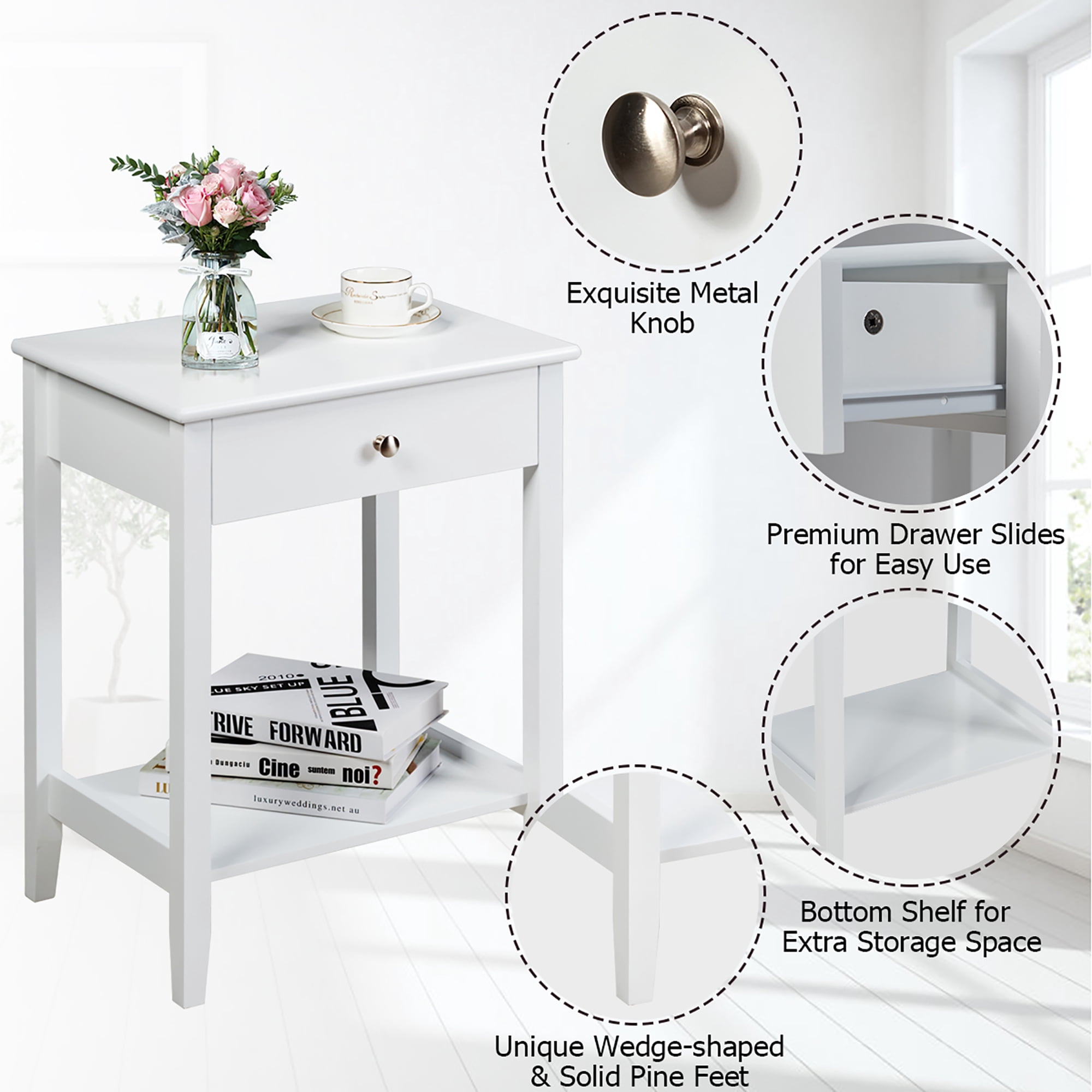 Costway Nightstand End Table Storage Display Bedroom Furniture Drawer Shelf Beside White