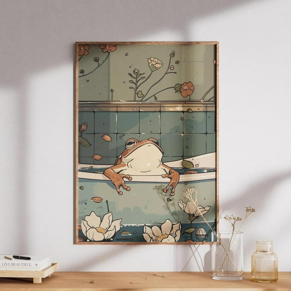 Retro Frog Bathtub Art, Vintage Style Bathroom Print, Colorful Frog In Tub Wall Decoration, Unique Home Decor , Bathroom Decor Home Decor UNFRAMED Poster, Wall Art for Decor, Present, 8x12