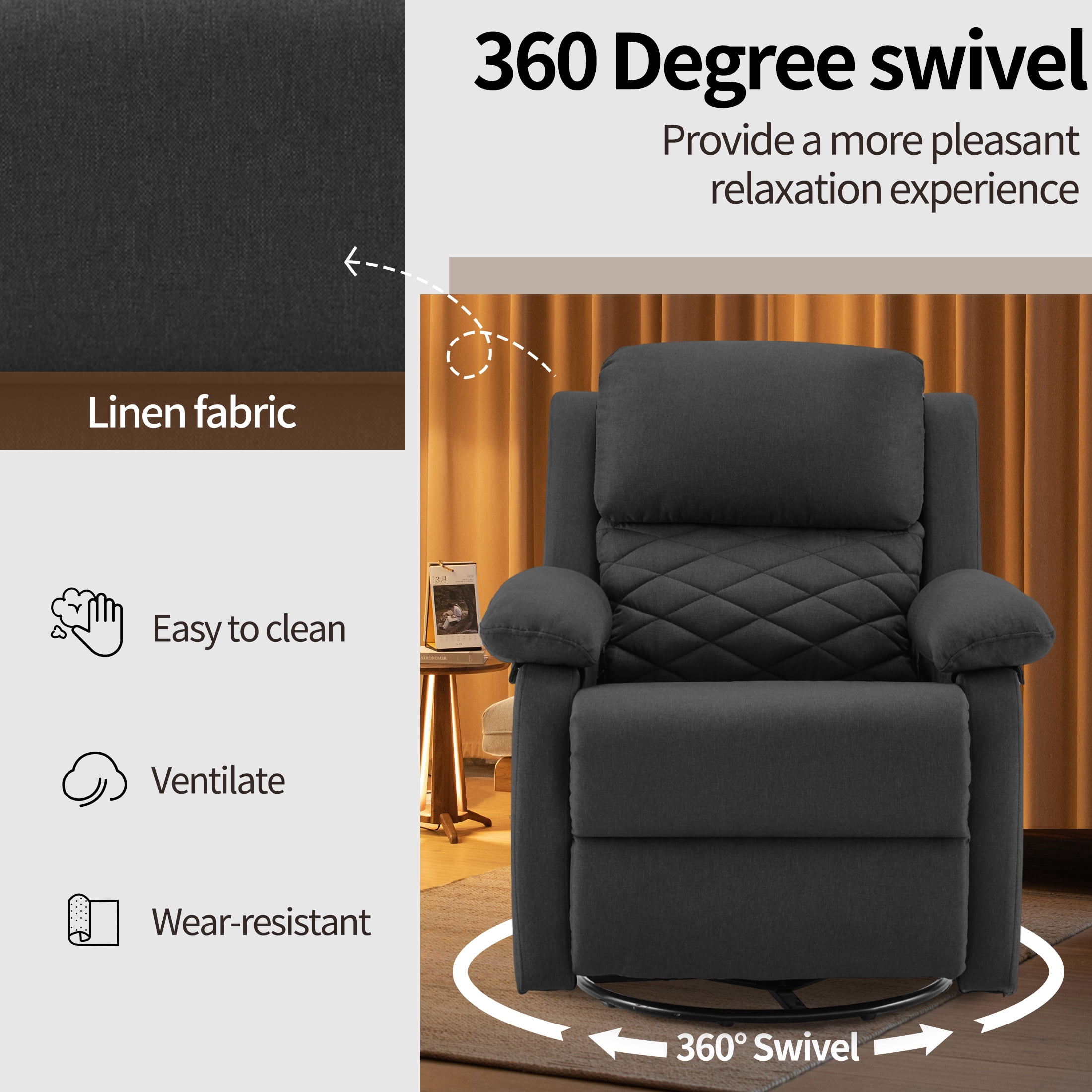 YOUDENOVA 360° Swivel Rocker Recliner Chair for Small Spaces for Living Room,Upholstered Linen Fabric Glider Nursery Chair with Side Pockets,Black