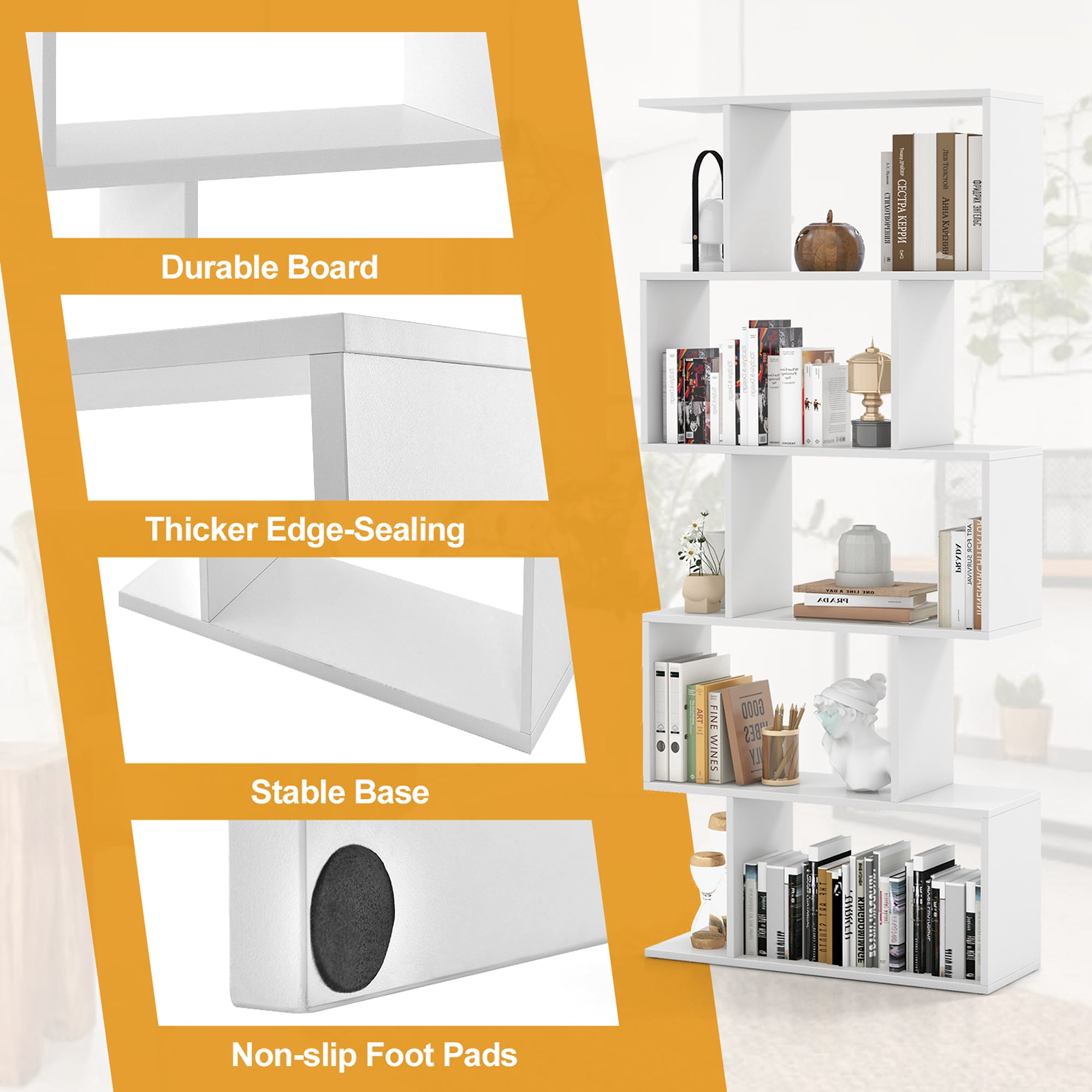 Costway 1 PC 5-Tier Bookshelf Geometric S-Shaped Bookcase Room Divider Storage Display Shelf White