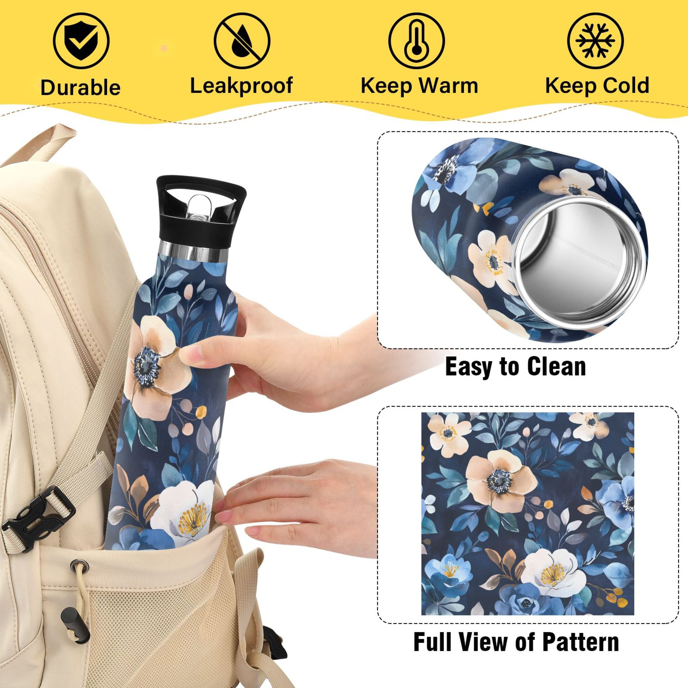 600ML Stainless Steel Insulated Cup Sports Water Bottle Portable Thermos Cup Water Glasses Insulated Tumblers Convenient and Durable Vibrant Navy Flowers