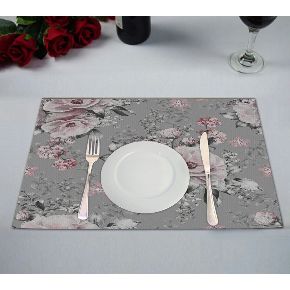 ECZJNT pink flowers and leaves on gray Placemat Table Mat Cup Mat 12x18