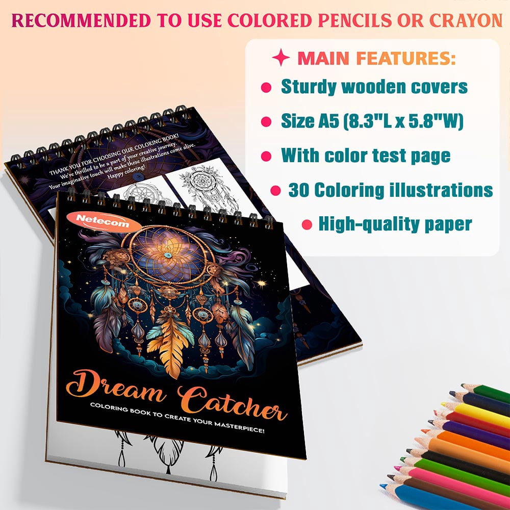 Netecom Dream Catcher Coloring Book Spiral Bound For Adults, A5 Wooden Cover, 30 Beautiful Coloring Pages in Spiritual and Mystical Designs for Stress Relief and Relaxation