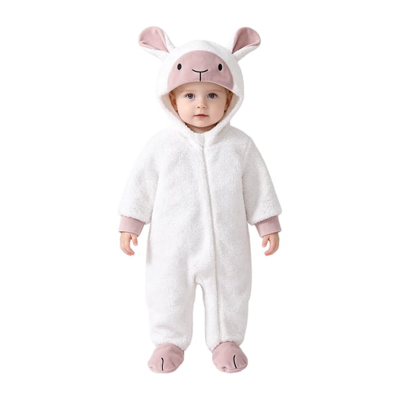 Otqutp Toddler Infant Plush Zip Up Hooded Romper Animal Lamb Long Sleeve Jumpsuit Unisex Baby Warm Fall Winter One Piece Outfit