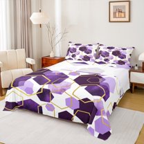 Manfei Geometric Hexagon Twin Sheet Sets,Abstract Honeycomb Pattern Twin Fitted Sheet,Purple White Gold Flat Sheet For Kids,Super Cozy Room Decor,3 Pieces