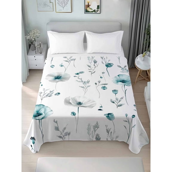 Turquoise Flowers Twim Size Flat Sheet, Wrinkleproof & Fadeproof Cooling Flat Bed Sheet Only, Farmhouse Spring Botanical Floral Breathable Soft Bedding Top Sheets 66 x 96 Inches