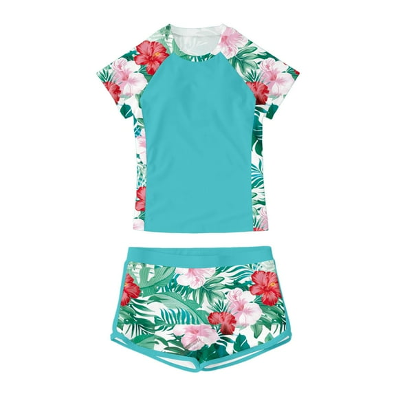 Girls Swimsuits 2 Piece Short Sleeve Swimwear Set Summer Beach Pool Floral Print Round Neck Bikini Top with Shorts Size 9-10 Y