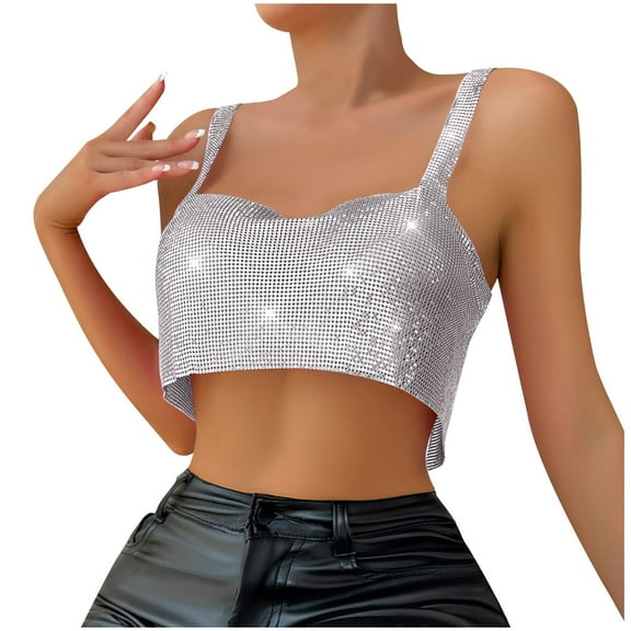 BLVB Women's Sequins Crop Tank Tops Sleeveless Sparkly Glitter Camisole Party Club Night out Shirts