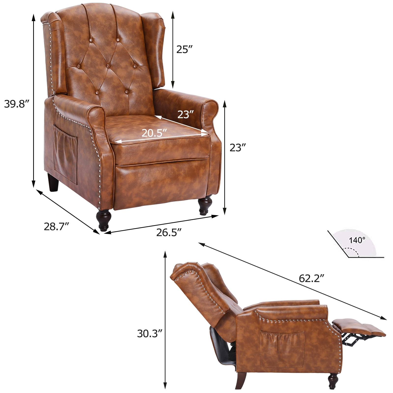 Wingback Recliner Chair, Push Back Arm Chair with Heat and Massage, PU Leather Single Sofa for Home, Living Room, Office, Bedroom