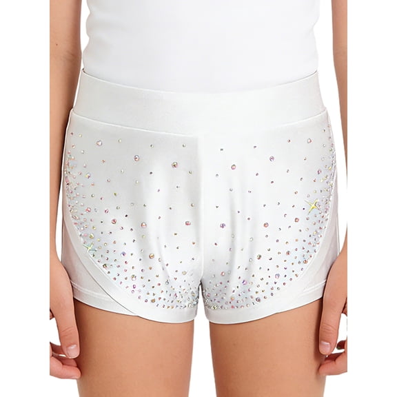 vastwit Girls Rhinestone Shorts Glitter Dance Ballet Tumbling Shorts Athletic Gymnastics Hot Pants Dancewear White 10