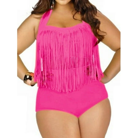 - SAYFUT Women's Plus Size Bikini Set High Waist Bottoms Braided Fringe Swimwear Swimsuit Red