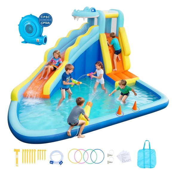 VEVOR Maison de Rebond Gonflable, Glissoire d'Eau Maison de Rebond Gonflable 11,6 x 13,1 x 7,7 Pi, Château de Rebond avec Zone de Rebonds, Mur d'Escalade, Piscine Éclaboussures et Anneau d'Eau à Lancer, pour 3 à 4 Enfants de 3 à 8 Ans