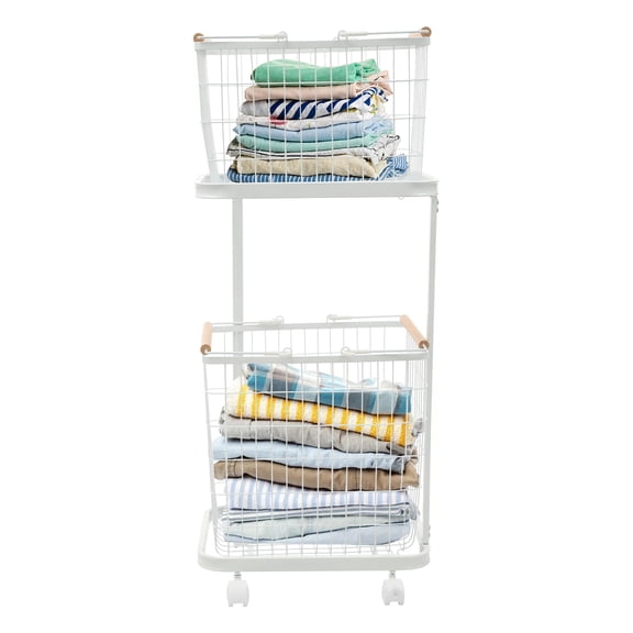 TFCFL 2 Tier White Laundry Hamper Metal Dirty Clothes Storage Basket Rolling Cart With Wheels
