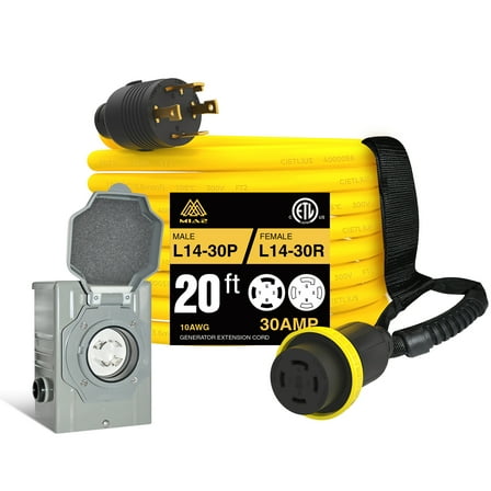 30A Generator Extension Cord, Heavy Duty NEMA L14-30P/L14-30R 25FT Extension Cord, 10 Gauge, ETL Listed, SJTW 125/250V 7500W