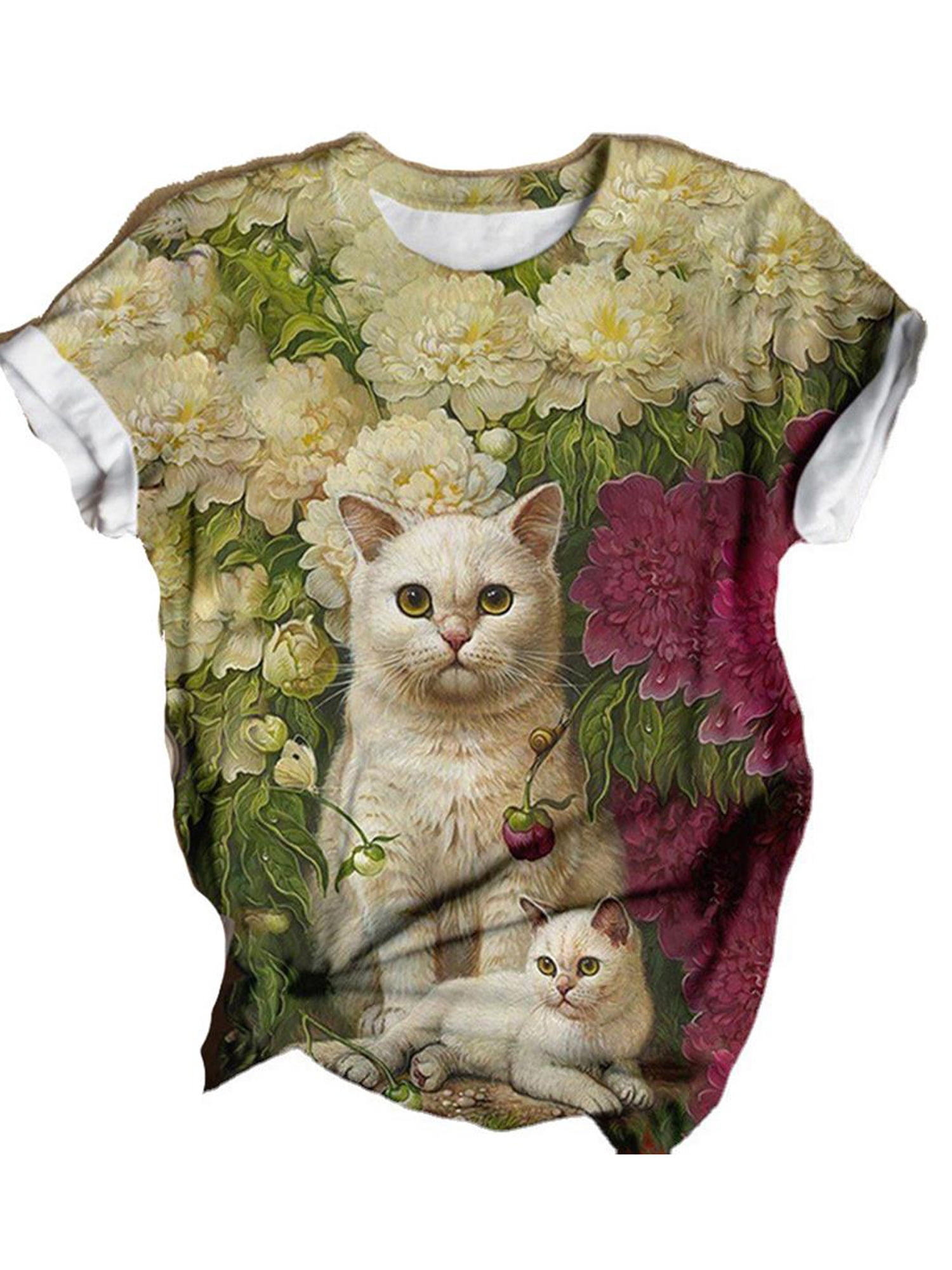 Jiayit Womens Summer Cute Cat Print Tops Blouse Short Sleeve T-Shirts for Women 