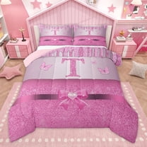 Manfei Letter Monogrammed T 2pcs Bedding Comforter Set for Kids Children Girls,Dreamy Princess Twin Comforter Sets,Cute Butterfly Bowknot Breathable Bedding Set,Bling Glitter Bedroom Decor