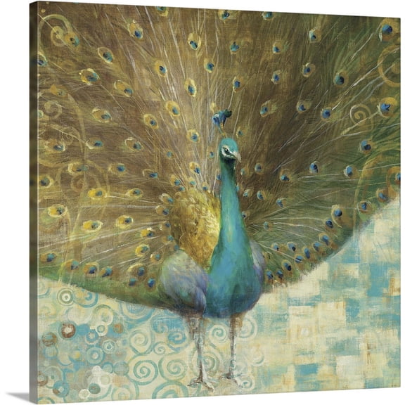 Great BIG Canvas | "Teal Peacock on Gold" Canvas Wall Art - 30x30