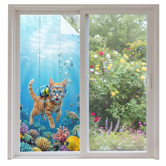 Ocean Diving Cat Window Privacy Film, Coastal Coral Fish Marine Life Static Cling UV Sun Blocking Heat Control Window Tint Day and Night, Non-Adhesive One Way Windows Privacy Cover 35.4''x78.7''