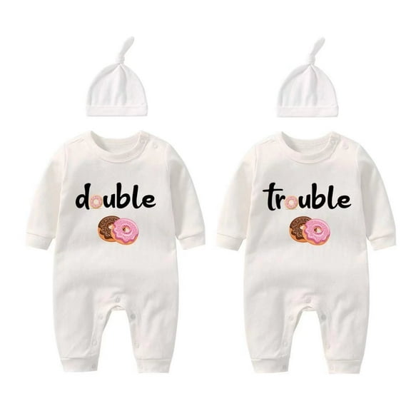 YSCULBUTOL Baby Twins Bodysuits Funny Double Trouble Cute Romper Twin Jumpsuits Hat Set(0-3 months)