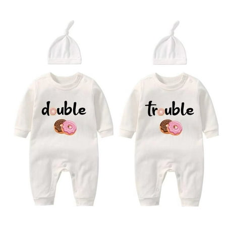 

YSCULBUTOL Baby Twins Bodysuits Funny Double Trouble Cute Romper Twin Jumpsuits Hat Set(7-9 months)
