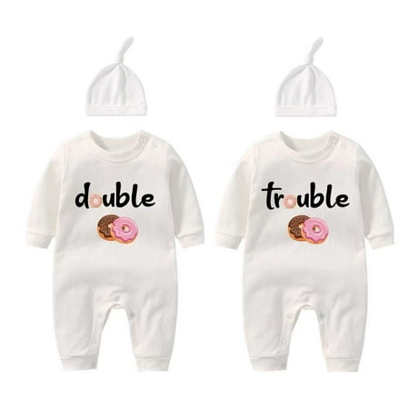 

YSCULBUTOL Baby Twins Bodysuits Funny Double Trouble Cute Romper Twin Jumpsuits Hat Set(7-9 months)