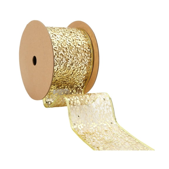 LaRibbons 3" Gold Wired Ribbon Sequin, 10 Yard Roll