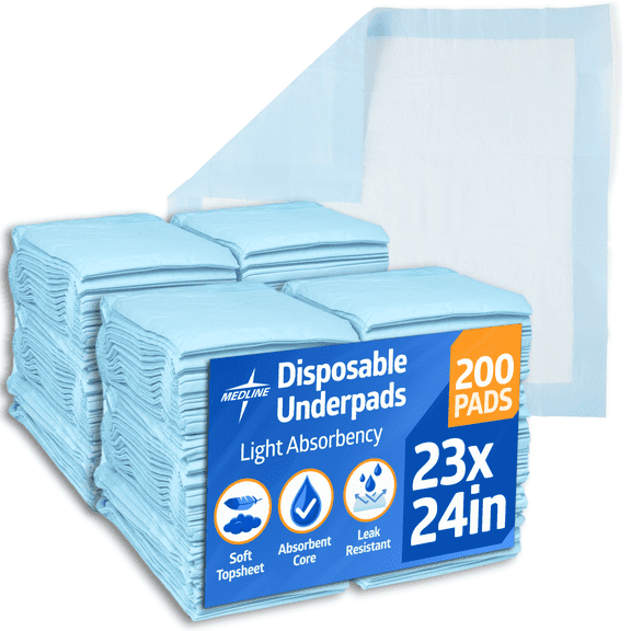 Medline Disposable Adult Bed Pads for Incontinence, Furniture, or Pets, Medium, Light Absorbency, 23 x 24in, 200 Count