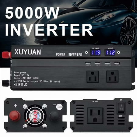 5000W Power Inverter DC12V to AC110V Sine Wave Convert with 4 USB Ports 2 Sockets for Camp