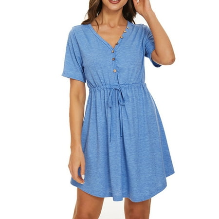 

Frontwalk Women Sleep Dress V Neck Short Sleeve Dress Casual Lounge Dress Nightwear Loose Pajama Dress with Pockets