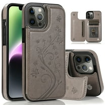 Dteck for iPhone 15 Pro Max Case with Card Holder, Embossed Flower Design Magnetic Back Flip Case for iPhone 15 Pro Max Wallet Case for Women, Shockproof Protective 15 Pro Max Cover,Gray