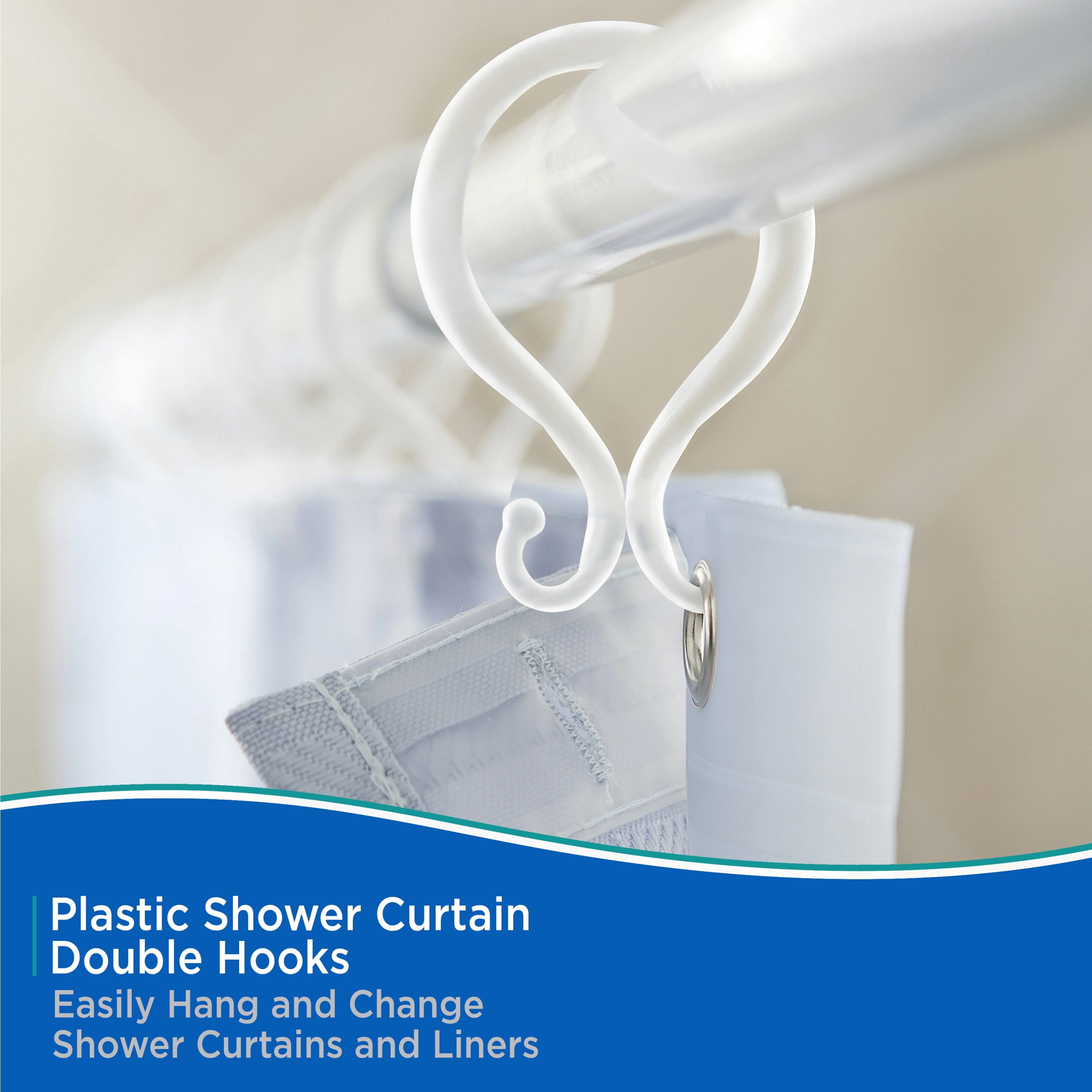 (2 pack) Kenney Rust-Proof Plastic Shower Curtain Double Hooks, Set of 12, Clear