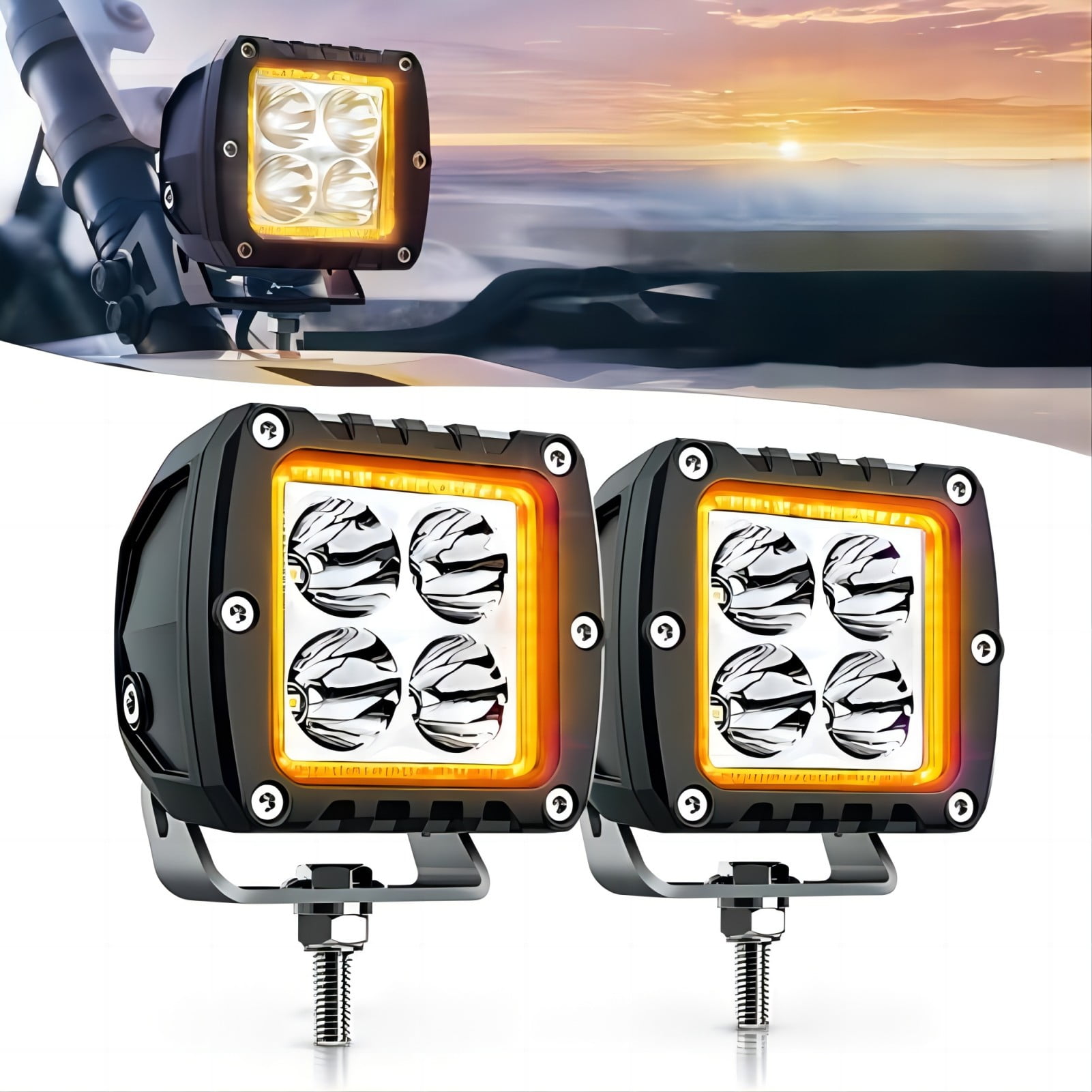 MICTUNING S1 Amber LED Pods Light 20W off Road Combo Driving Lights with Amber Marker Light
