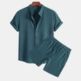 thumbnail image 4 of 2 PC Outfit Set for Men Collared Short Sleeve Button Down Shirt and Drawstring Shorts Casual Summer Ribbed Outfit Sets Green S, 4 of 8