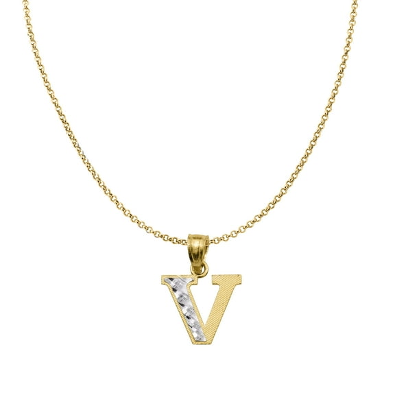 Genuine 14k Two-tone Gold 0.59" Diamond-cut Initial Letter V Necklace 16", 18", 20", 22" Trendy Charm Initial Necklaces for Women